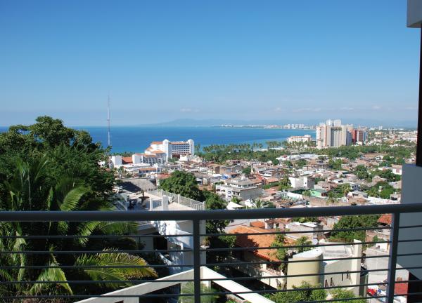 Balcony view of city and bay