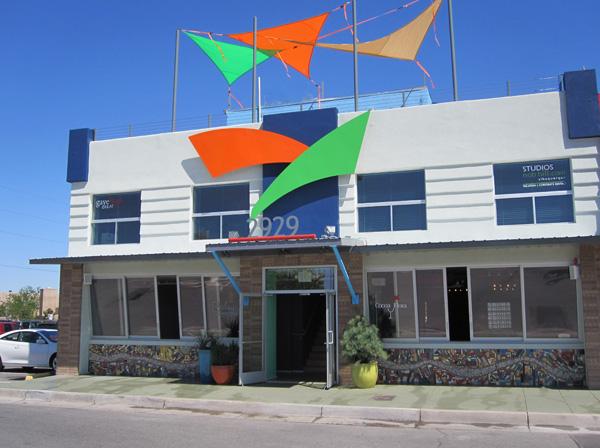 Artistic exterior with colorful sails & mosaic