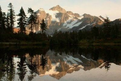 Mt. Baker and forest reflected in lake