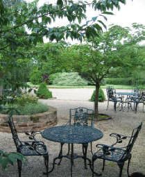 Courtyard seating overlooking gardens