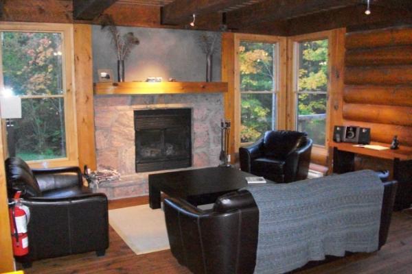 Open living room with wood burning fireplace