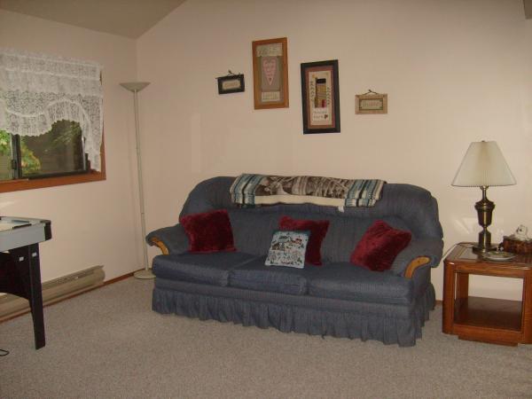 Loft sofa bed that has cable TV and air hockey.
