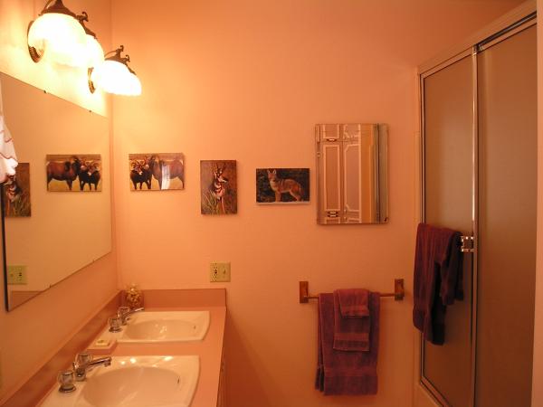 Bathroom has two sinks and a tub/shower