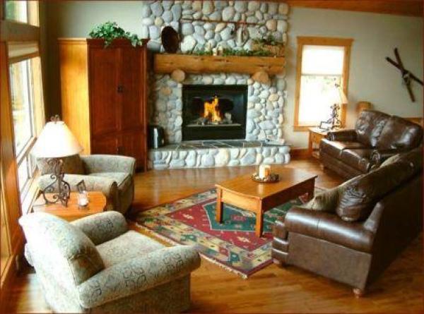 The great room with it's roaring rock fireplace