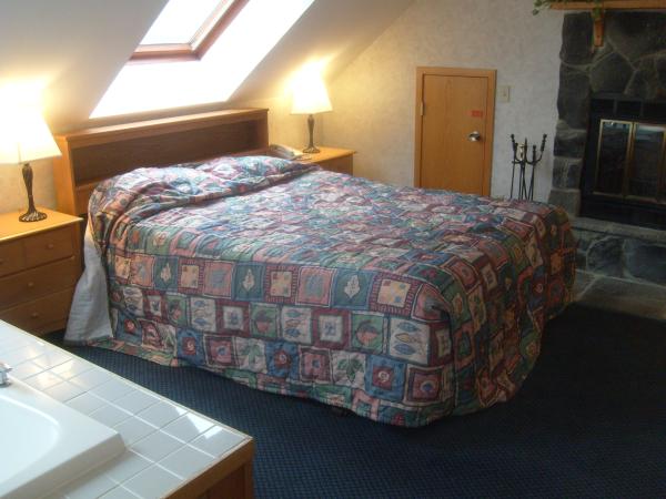 Bed between fireplace & whirlpool